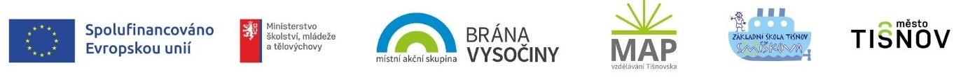 Partneři projektu: Evropská unie, Ministerstvo školství, mládeže a tělovýchovy, MAS Brána Vysočiny, MAP vzdělávání Tišnovska, Základní škola Tišnov Smíškova a město Tišnov